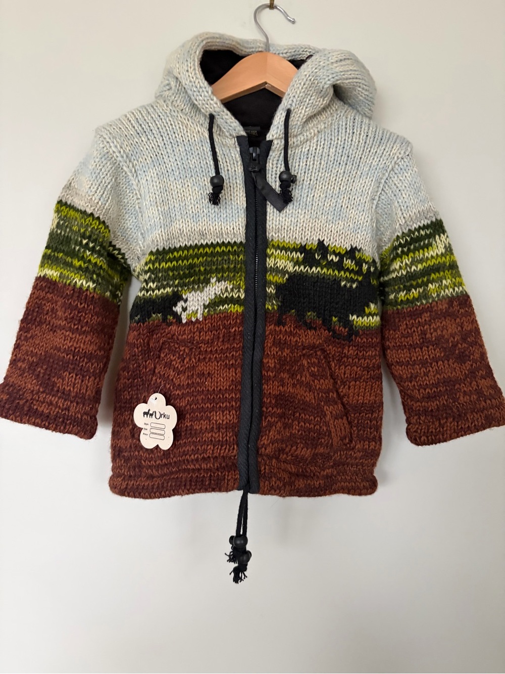 Urku Kids Hand Knit 100% Wool Nepalese Sheep Landscape Zip Hoodie Sweater Jacket